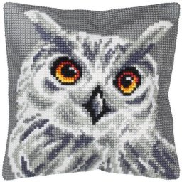 Devant de coussin ""hibou gris"" à broder au point de croix