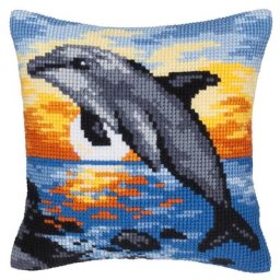 Devant de coussin ""dauphin au coucher du soleil"" à broder au point de croix