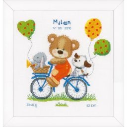 Tableau de naissance à broder ""ourson à vélo"", 27 x 29 cm