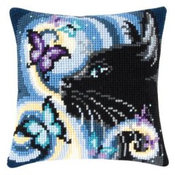 Devant de coussin ""chat noir"" à broder au point de croix