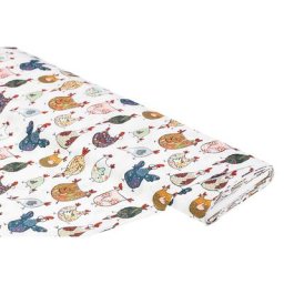 Tissu coton à impression numérique "" poules folles"", blanc/multicolore
