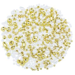 Set de perles, blanc et doré, 3 - 10 mm, 30 g