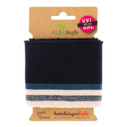 Albstoffe Bande bord-côte en coton bio ""Cuff Me"", bleu marine/blanc/bleu scintillant, 1,4 m