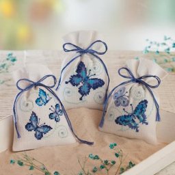 Petits sachets à broder ""papillons bleus"", set de 3 pièces