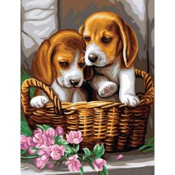 Kit peinture par numéros ""chiens dans une corbeille"" avec des peintures acrylique, 23 x 30,5 cm