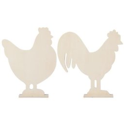 Poule et coq en bois, 26 cm et 24,5 cm, 2 pièces