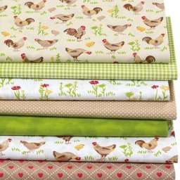Lot de 7 coupons de tissu patchwork ""poules"", jaune/vert/taupe