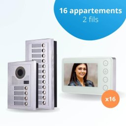Portier interphone vidéo modern 2 fils - 16 appartements - 16 écrans blancs