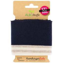 Albstoffe Bande bord-côte coton bio ""Cuff Me College"", bleu-taupe, 1,4 m