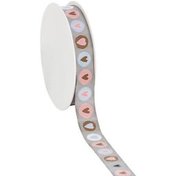 Ruban tissé ""cœurs"", gris/rose, 15 mm, 3 m