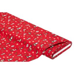Tissu coton ""animaux de la forêt"", rouge/multicolore