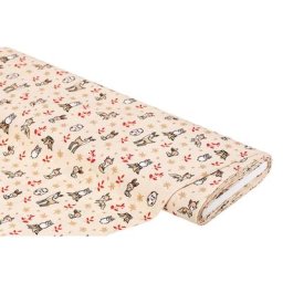 Tissu coton ""animaux de la forêt"", écru/rouge