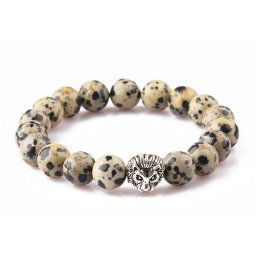 DALMATA JÁSPIS, ÁSVÁNYI KARKÖTŐ, EZÜST SZÍNŰ OROSZLÁNNAL - 8mm-es gyöngy