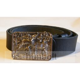 4 szögletű övcsat, szarvasos erdőrészlettel bőrszíjjal