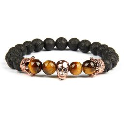 Lávakő Tigrisszem Ásvány Karkötő - Cirkónia Köves Koponya és Korona Dísz - Rosegold