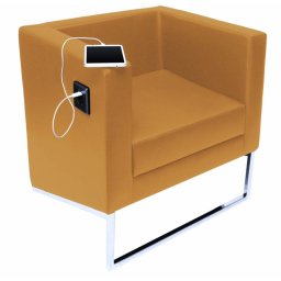 AKO minimal stílusú krómozott fémvázas lobby fotel kárpitozott kivitelben, USB porttal és konnektorral