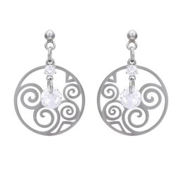 Nemesacél kör fülbevaló áttört mintával, CZ kristályokkal