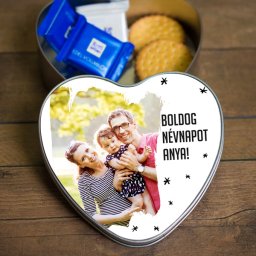 Szív alakú fényképes fémdoboz felirattal
