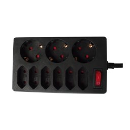 GAO Asztali elosztó 6 Euro+3 f dugalj, kapcs.1.4m, fekete 250V, 16A, 1.4m, H05VV-F 3x1.5 mm², IP20