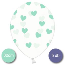 Átlátszó lufi, menta zöld szívekkel díszítve, 30cm, 5 db/cs