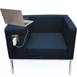 MOK minimal stílusú krómozott fémvázas lobby fotel kárpitozott kivitelben, USB porttal és konnektorral