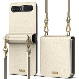 Ringke Folio Signature kinyitható bőr tok vállra akasztható pánttal Samsung Galaxy Z Flip (bézs)
