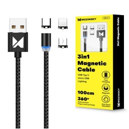 Wozinsky USB / Lightning / USB Type-C / micro USB mágneses kábel 2.4A 1m (fekete)