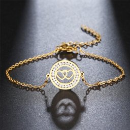 Dupla szív, kristályokkal díszített nemesacél karlánc - arany bevonattal