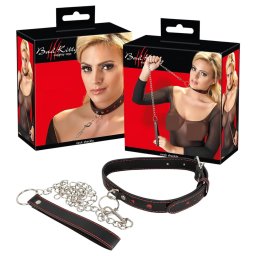 Bad Kitty - szíves nyakörv és fém póráz, bondage szett (fekete)