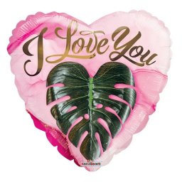 ECO fólia lufi, 18"/45cm, szív alakú, I Love You pálma levéllel