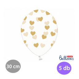 Átlátszó lufi arany szívekkel díszítve, 30cm, 5 db/cs
