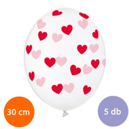 Fehér lufi, piros szívekkel díszítve, 30cm, 5 db/cs