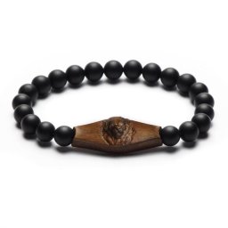 Matra Wood - Matt Fekete Ónix Ásvány Karkötő - Oroszlános Fa Dísszel