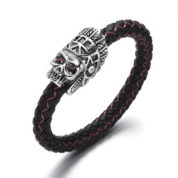 Black Wolf - Acél Indián Koponya - Bőr Karkötő