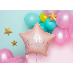 Fólia lufi, csillag alakú, púder pink , 40cm, Happy Birthday felirattal