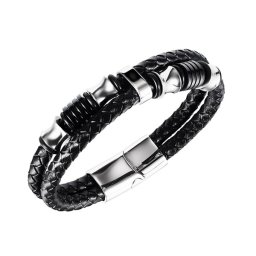 Kétsoros, fonott öko-bőr karkötő nemesacél kapoccsal