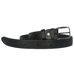 3 cm széles trapéz mintával nyomott egész bőr fekete öv, 131 cm