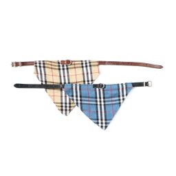 HB 033 Kutyanyakörv bőr kockás zsebkendővel Bézs barna bőr 45cm bőr különleges nyakörvek