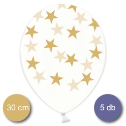 Léggömb, kristály, arany csillagokkal, 30cm, 5 db/cs