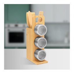 Mágneses fűszertartó - bambusz eszköz szettel - 7 részes - 80 x 135 x 275 mm