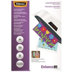 FELLOWES Meleglamináló fólia, 80 mikron, A4, fényes, öntapadó, 100 db, FELLOWES