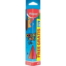 MAPED Színes ceruza készlet, háromszögletű, hegyezővel, MAPED "Color'Peps Star", 12 különböző szín