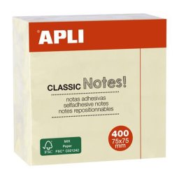 APLI Öntapadó jegyzettömb, 75x75 mm, 400 lap, APLI "Classic", sárga