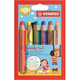 STABILO Színes ceruza készlet, kerek, vastag, STABILO "Woody 3 in 1", 6 különböző szín