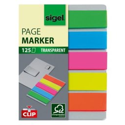 SIGEL Jelölőcímke, műanyag, 5x25 lap, 12x50 mm, klippel, SIGEL "Clip", vegyes szín