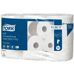 TORK Toalettpapír, T4 rendszer, 3 rétegű, 12 cm átmérő, Premium, TORK "Soft", fehér