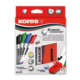 KORES Tábla- és flipchart marker készlet mágneses táblatörlő szivaccsal, 3-5 mm, vágott, KORES "XW2", 4 különböző szín
