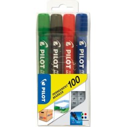 PILOT Alkoholos marker, 1 mm, kúpos, PILOT "Permanent Marker 100", 4 szín