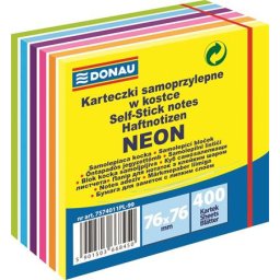 DONAU Öntapadó jegyzettömb, 76x76mm, 400 lap, DONAU, fehér és neon színek