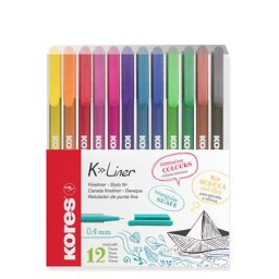 KORES Tűfilc készlet, 0,4 mm, KORES "K-Liner", 12 különböző szín